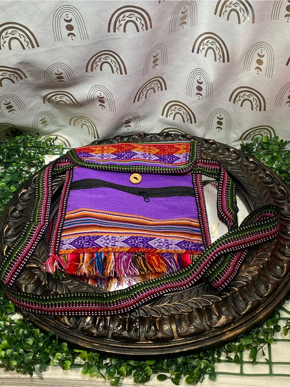 Handwoven Purple Crossbody Bag with Colorful Fringe